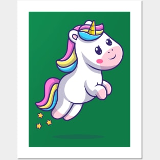 Cute Unicorn jumping with star cartoon Posters and Art